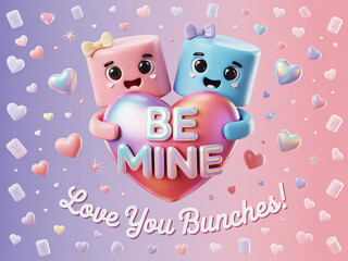 Adorable Valentine's Day message featuring playful 3D characters embracing a heart with 'Be Mine' text, perfect for expressing love and affection with charm