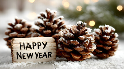 Festive Pine Cones with 'Happy New Year' Sign in Snowy Scene