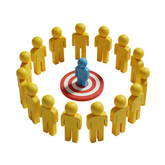 Diverse team surrounds unique leader on target symbolizing collective goals and leadership isolated on transparent background