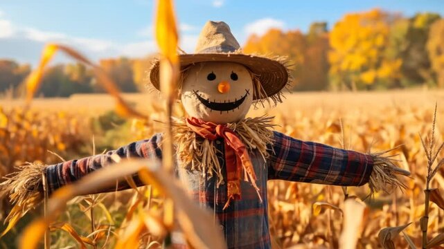 A smiling scarecrow in a plaid shirt stands in a field of golden corn