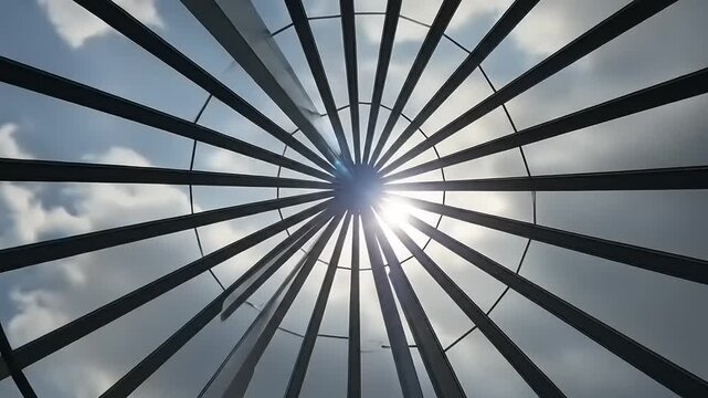 Abstract Architectural Dome Structure with Radial Metal Beams and Sky Background