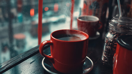 Aromatic steam rises from a red cup of coffee, perched near a window overlooking a blurred urban scene, evoking a cozy and peaceful atmosphere inside a cafe.