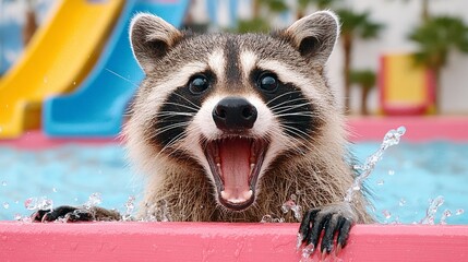 Playful raccoon splashing in a colorful pool, with vibrant water droplets flying around, showcasing a lively summer atmosphere and joyful animal behavior