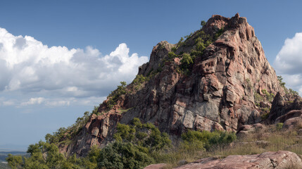Fototapeta premium A majestic rocky mountain peak, partially covered with sparse vegetation, rises under a blue sky dotted with fluffy white clouds on a bright summer day scene.