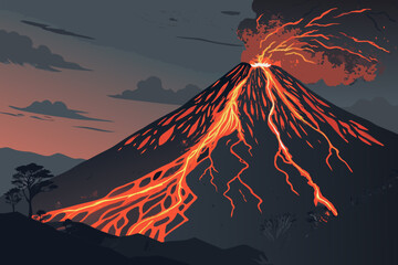 Volcano Silhouette With Glowing Lava Lines High-Quality Stock Image Great for Commercial Projects
