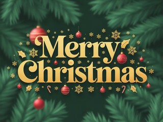 Elegant gold Merry Christmas wishes over lush green fir branches, perfect for festive holiday greetings, invitations, and seasonal promotions with a touch of classic charm
