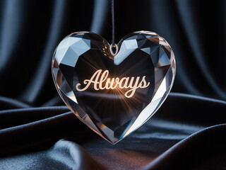 Elegant crystal heart ornament with 'Always' inscription on flowing black silk, a romantic declaration of love and devotion for anniversaries and heartfelt gifts