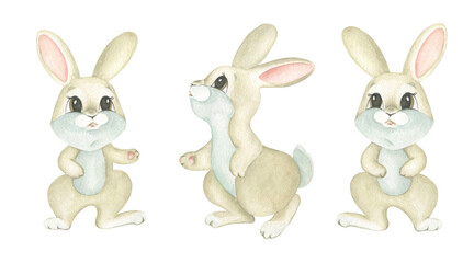 Fototapeta premium A set of watercolor images of cute rabbits. A set of watercolor illustrations featuring Easter bunnies. Little bunnies. A concept of cute children's characters.
