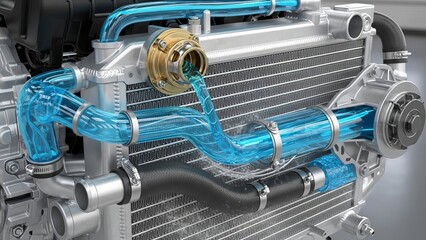 Car engine cooling system showcasing coolant flow through radiator and hoses for automotive engineering and maintenance concepts explained visually