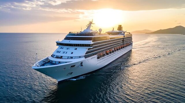 Luxury Cruise Ship Sailing on Ocean at Sunset