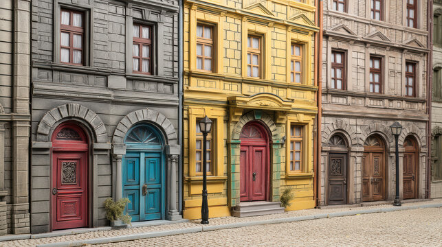 Colorful european facades are presented in a row, each with unique architectural details and vibrant doors creating a charming and picturesque street scene. - Powered by Adobe