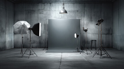 Empty professional photography studio with lighting equipment and gray backdrop is ready for a photoshoot in a concrete room providing versatile space for creative projects.