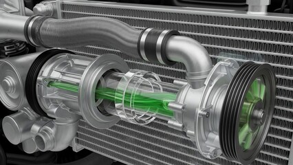 Automotive technology showcasing a cutaway view of a supercharger with green energy flow and radiator detail for engineering presentations