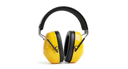 Bright yellow industrial earmuffs on a white background hearing protection noise cancelling