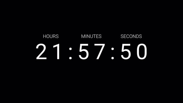 One Day Countdown Timer in 60 Seconds 24 Hour Digital Clock Animation, Fast Time Lapse Countdown with Transparent Background, 4K Ultra HD.