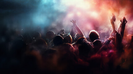 A vibrant crowd of people enjoy a concert with colorful lights and smoke creating an energetic and exciting atmosphere filled with music and excitement.