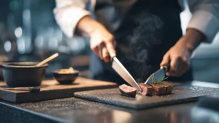 Culinary Artistry: A chef meticulously slices a perfectly cooked steak, highlighting the precision and passion of gourmet cooking and food preparation.