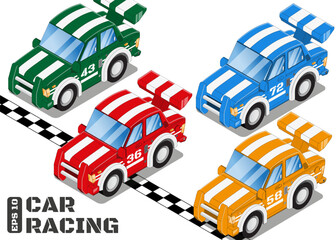 Racing cars at the finish line. Isometric. Isolated on white background. Vector illustration. 
