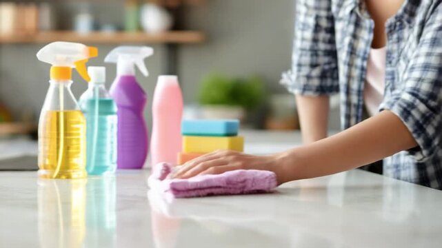 Spotless Surface: A woman meticulously cleans a countertop in a bright kitchen using colorful cleaning supplies, highlighting a commitment to a clean and healthy environment.