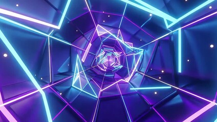 This video features a mesmerizing, futuristic neon tunnel with glowing blue and purple geometric lines forming a hexagonal structure. - Powered by Adobe