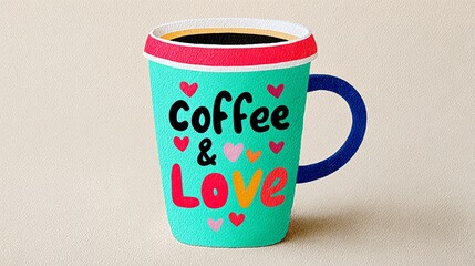 Coffee mug with the words coffee and love written on it. The mug is blue and has a heart design
