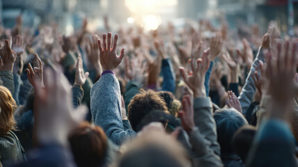 A large diverse crowd raises their hands in unison outdoors du a rally or demonstration, expressing solidarity, protest, or support for a common cause.