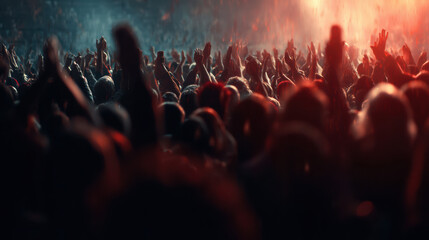 A huge crowd of people raises their hands in the air silhouetted against the colorful lights at an exciting and energetic outdoor music festival event.