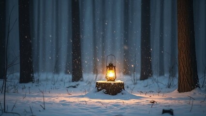 Lantern glowing gently in snowy forest during winter evening  