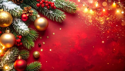 Christmas Decoration background with Golden Baubles and Red Berries on a Red Background