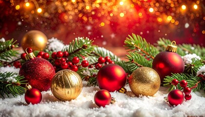 Beautiful Christmas ornaments background and pine branches dusted with snow, creating a festive and magical holiday scene illuminated by warm bokeh lights