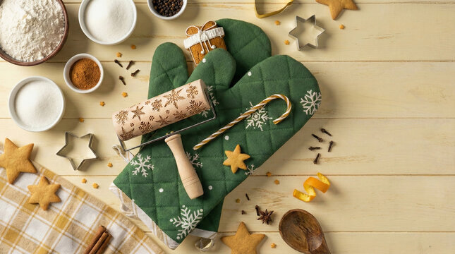 Christmas baking ingredients with green oven mitts and snowflake rolling pin