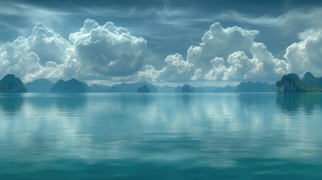 Calm turquoise sea, dramatic clouds, distant islands - Powered by Adobe