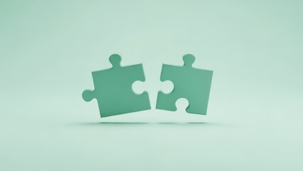 Two teal puzzle pieces almost fitting together on a light teal background