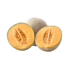 Fresh Cantaloupe Melon Halved and Whole.