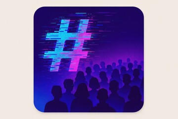 Digital Crowd Engaging with Social Media Hashtag Surrounded by Vibrant Neon Colors Evoking Awareness and Connectivity in the Contemporary Digital Landscape