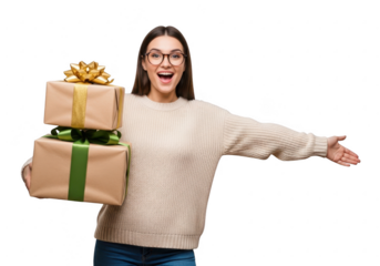 Excited woman holding gift boxes isolated on transparent background