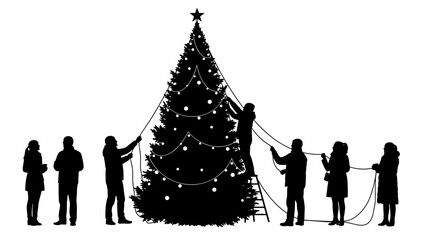 Charming family decorating Christmas tree with festive lights, spreading holiday cheer
