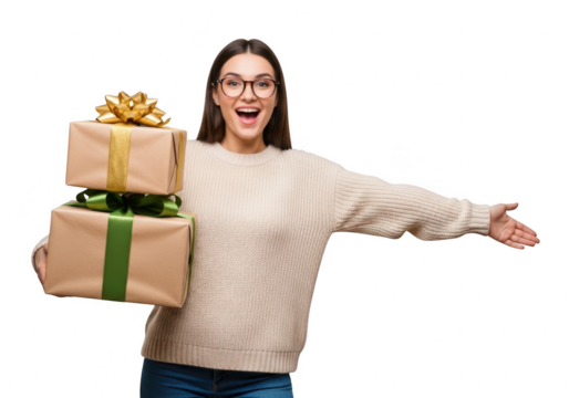 Excited woman holding gift boxes isolated on transparent background