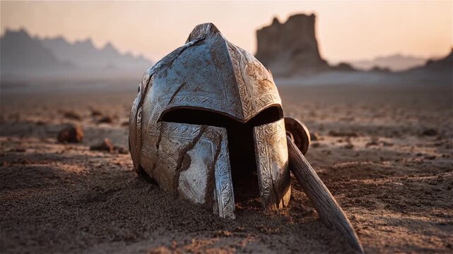 Ancient ornate battle helmet halfburied in desert sand at sunset