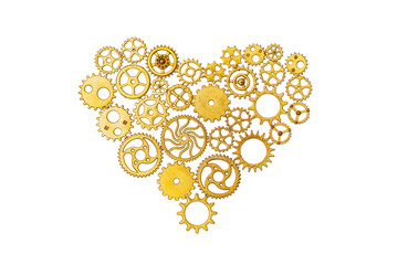 Precision engineering concept with golden gear heart on white background © SerPhoto