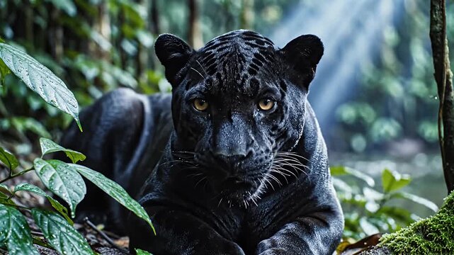 Majestic Black Jaguar Staring Intently with Piercing Golden Eyes in a Lush Tropical Rainforest Powerful Wild Predator in a Dark Humid Jungle Environment