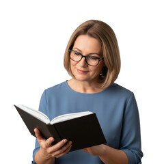 Woman wearing glasses reading an open book isolated on transparent background