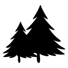 Obraz premium Silhouette of two pine trees forming bold evergreen forest shape in simple dark natural landscape botanical vector illustration