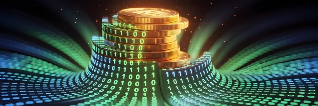 Stack of glowing digital coins dissolving into binary code – Ideal for cryptocurrency, blockchain, or financial technology content. - Powered by Adobe
