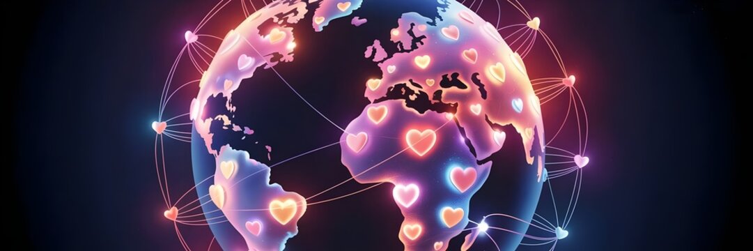 Luminous globe of connected hearts in neon and pink against a dark backdrop – Excellent for relationship technology, global care, or digital well-being. - Powered by Adobe