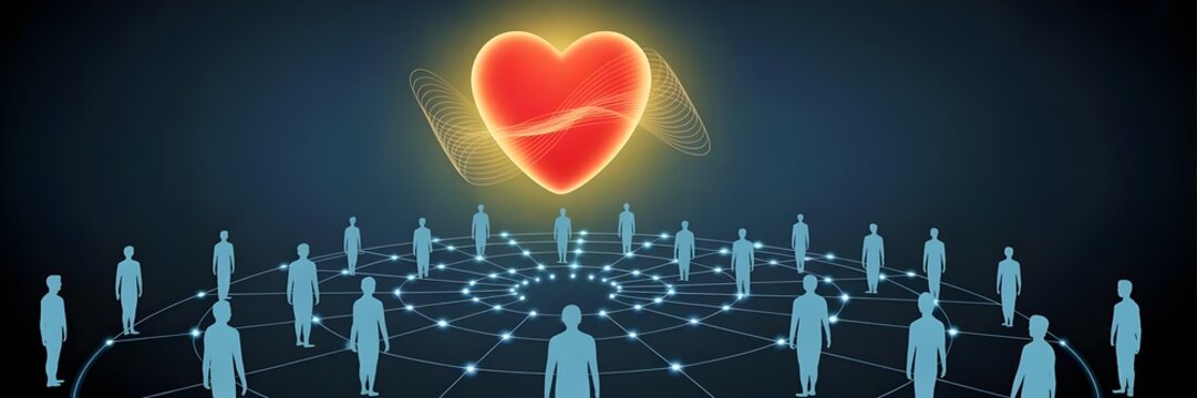 Luminous heart above circular network of human nodes – Futuristic digital illustration for community, data flow, and empathy. - Powered by Adobe
