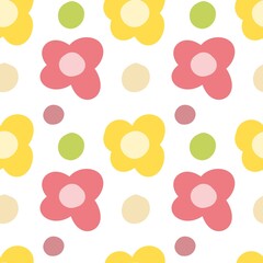 A cute seamless pattern featuring simple yellow and pink flowers with pastel dots on a white background. Perfect for kids’ designs, fabric, stationery, and cheerful decorative projects.