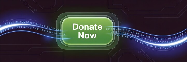 Digital 'donate now' button surrounded by binary code streams – Cybernetic charity, online giving, and futuristic interface.