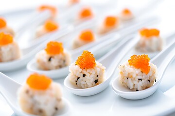 Elegant gourmet canape snacks arranged in small bowls, showcasing colourful festive presentation for upscale event catering, highlighting refined culinary artistry, stylish decoration, and beautifully