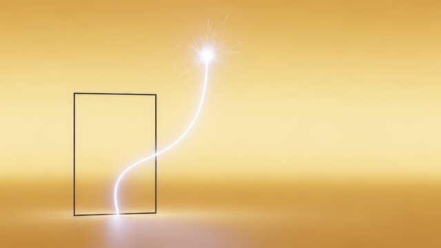 Abstract glowing light beam emerging from a rectangular prism on a golden background